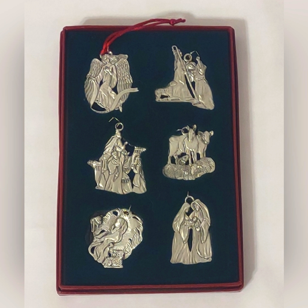 Vintage Pewter "The Nativity" Set of 6 Ornaments EUC